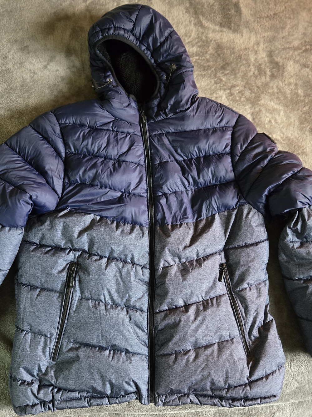 Avalanche Two-Tone Navy and Gray Hooded Puffer Jacket